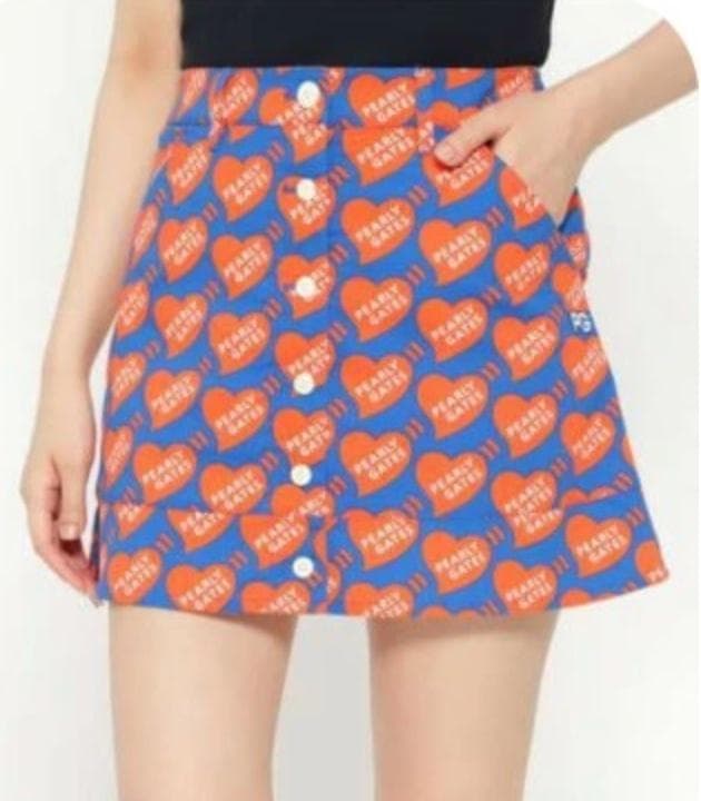 未使用3万 パーリーゲイツ ハート総柄 ストレッチスカート 0 ブルー×オレンジ
