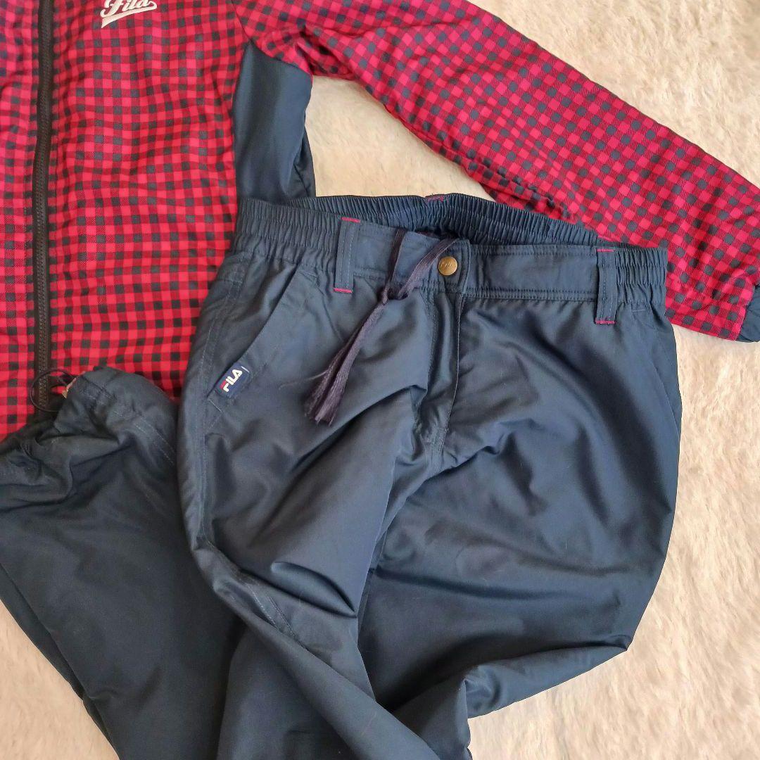 FILA 赤濃紺チェック フルジップジャケット上下　レディースL　中綿　軽量