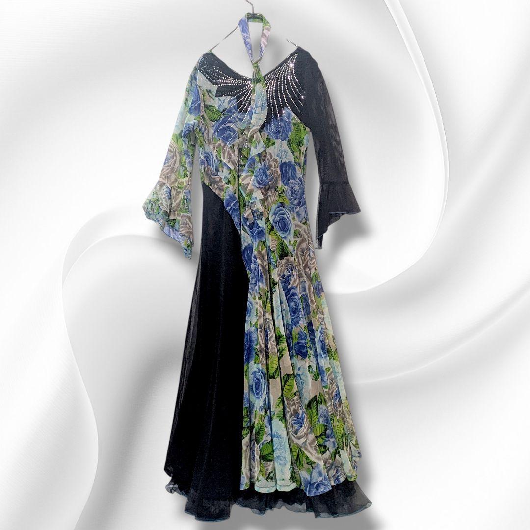 【美品】社交ダンス 衣装 ドレス 青薔薇柄 ブルー ラインストーン 黒