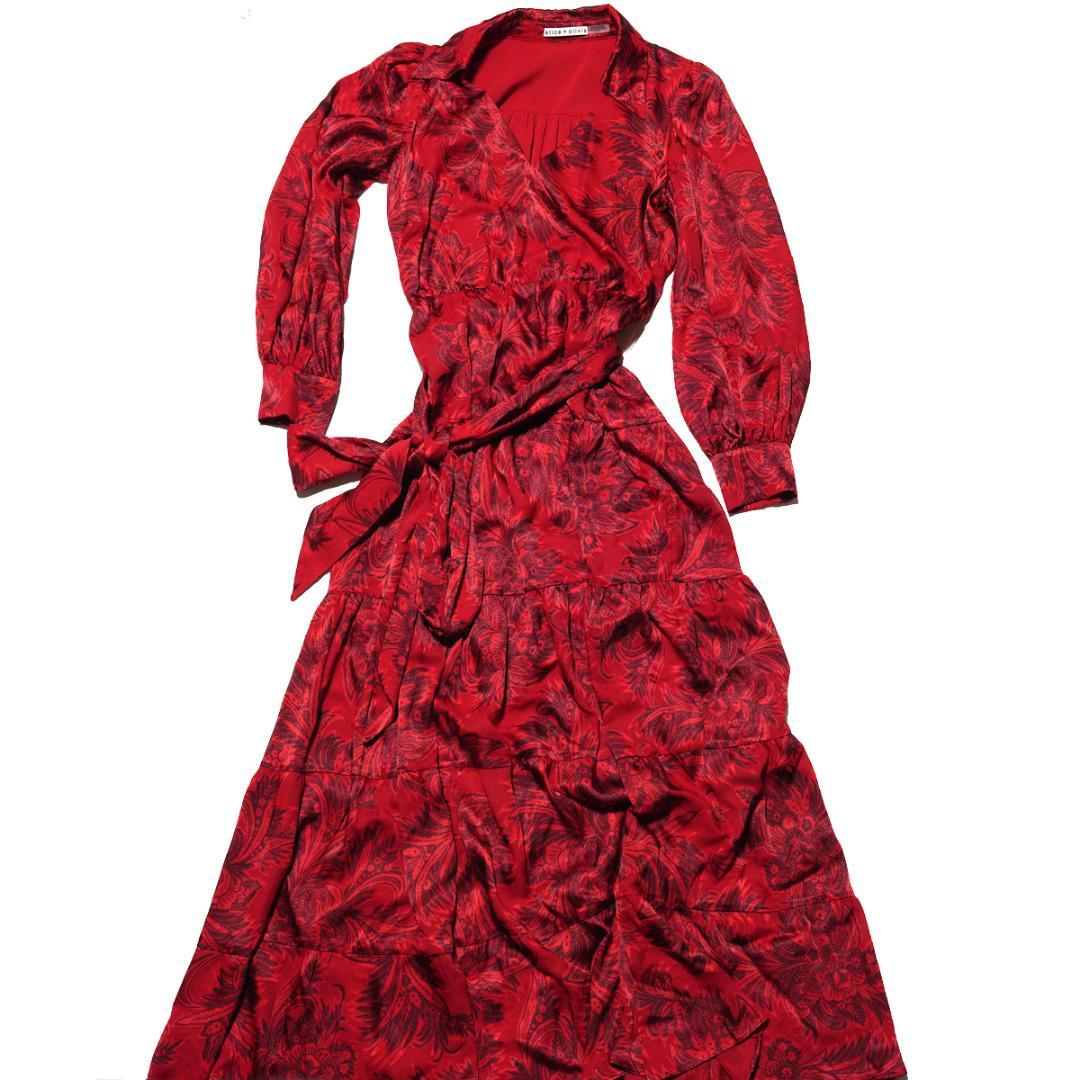 20AW アリスアンドオリビア マキシ ワンピース ドレス 赤 ボタニカル 0