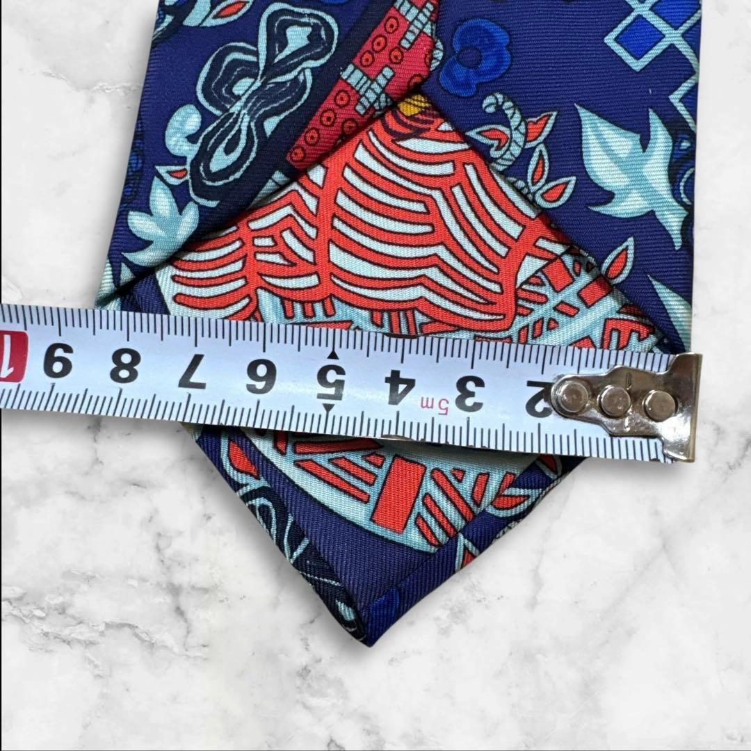 【美品】HERMES スカーフ柄　ネクタイ　青　赤　黄色　ネイビー