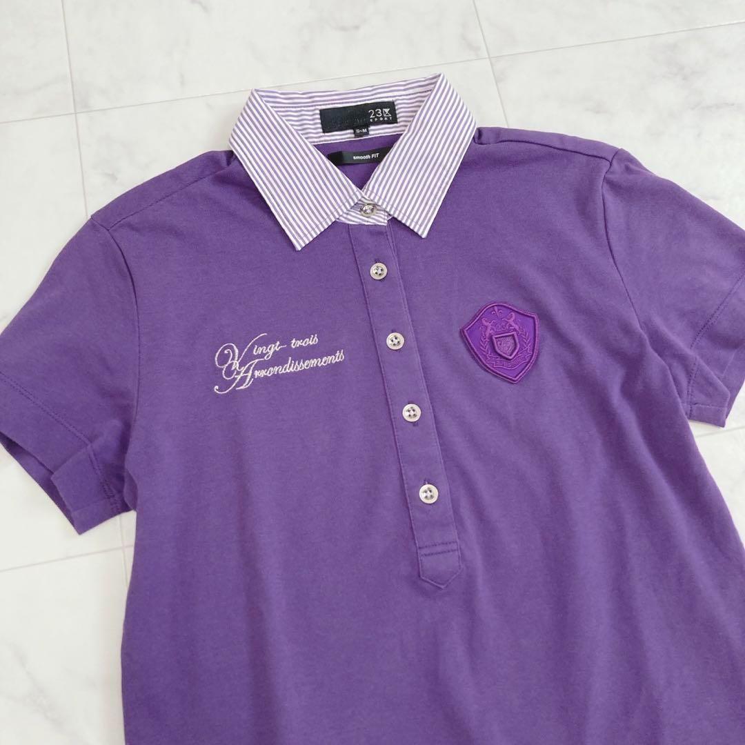 23区 ポロシャツワンピース 刺繍ワッペン 襟ストライプ 大人綺麗めゴルフウェア