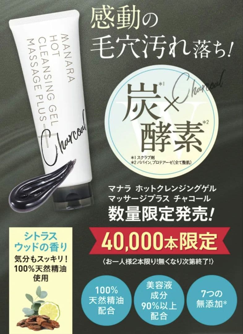 マナラホットクレンジングマッサージプラス「charcoal」200g×❷本