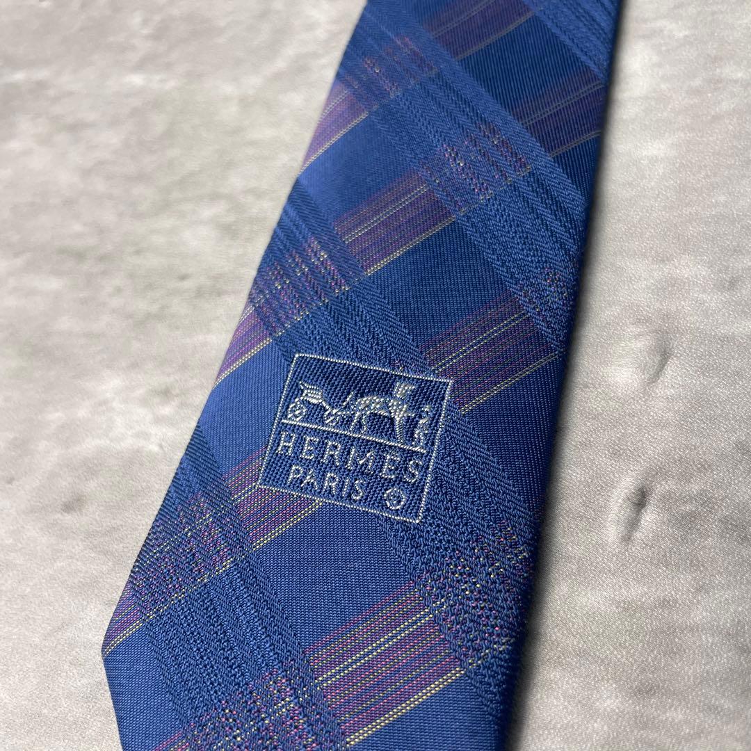 美品 HERMES エルメス ジャガード チェック柄 格子柄 ネクタイ ネイビー