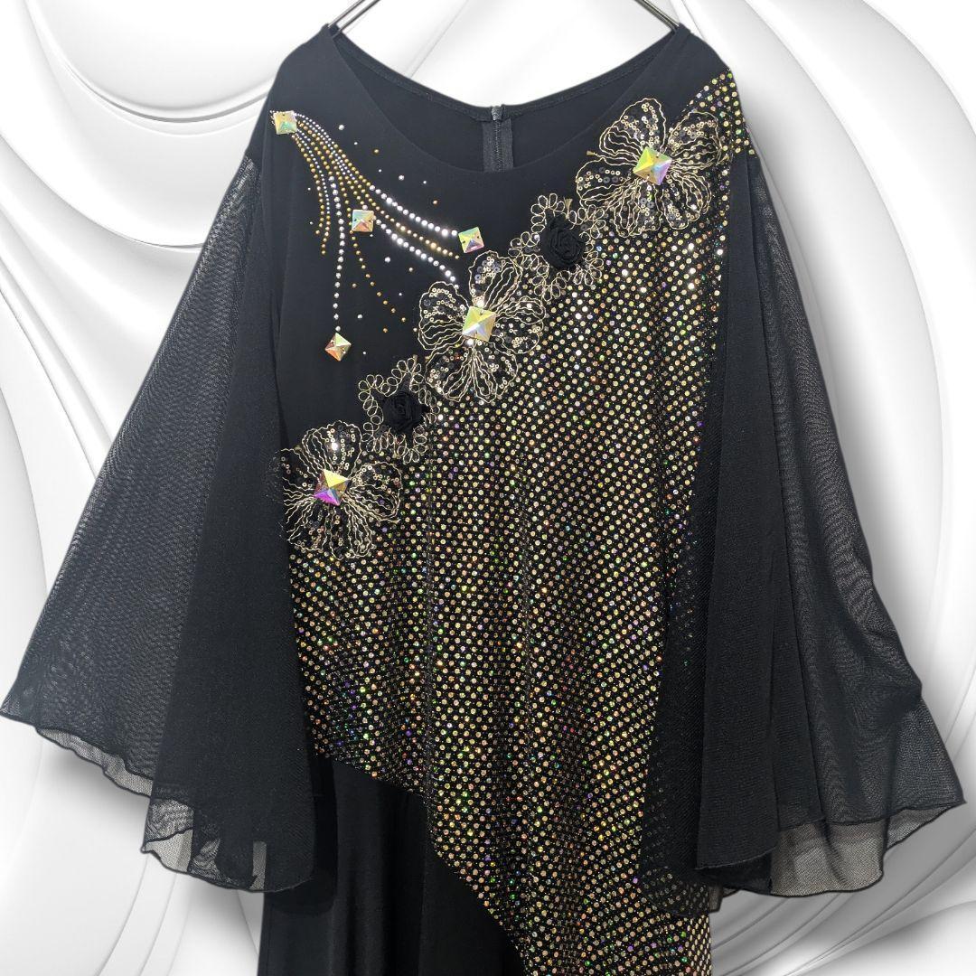 美品です！豪華煌めき✨ 社交ダンス 衣装 ドレス 黒 ゴールド ラインストーン