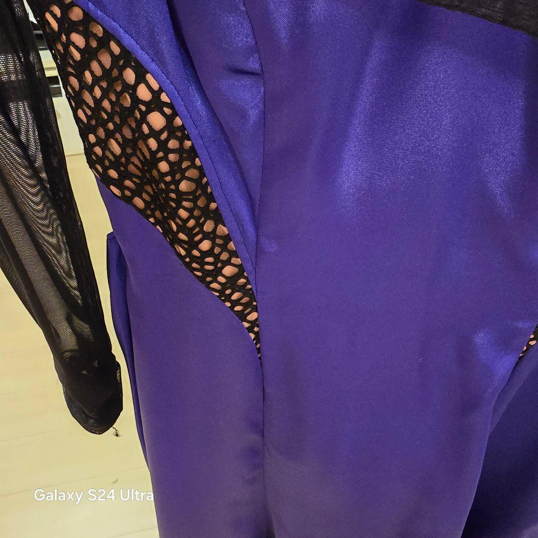 【新品未使用】社交ダンスドレス 濃いパープル サテン 長袖 Sサイズ