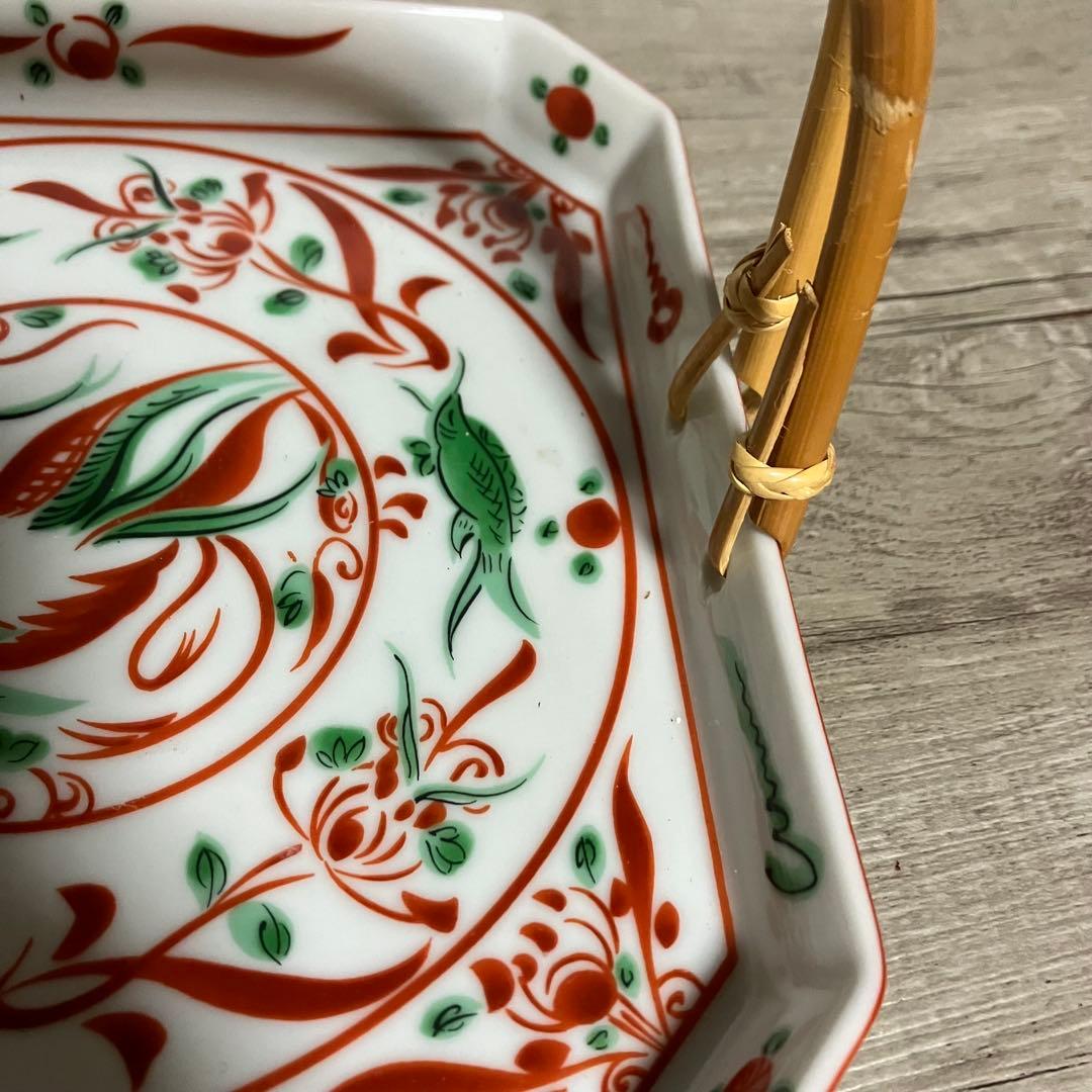 D-4 たち吉 赤絵 鳳凰文 菓子鉢（持ち手付き） 菓子器 盛皿 大皿