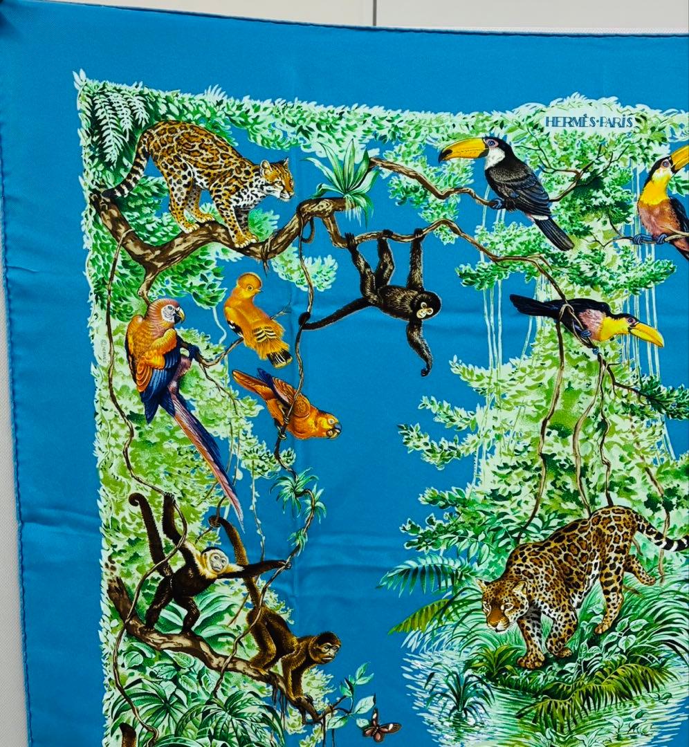 HERMES カレ90シルクスカーフ EQUATEU ブルー 箱付き エルメス