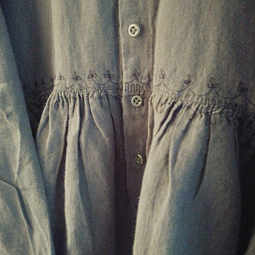 ババグーリ　ブルーグレー　刺繍ワンピース　リネンコットンＬサイズ