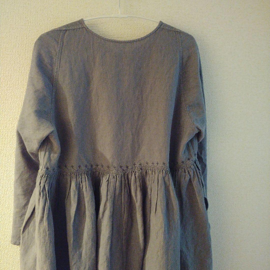 ババグーリ　ブルーグレー　刺繍ワンピース　リネンコットンＬサイズ