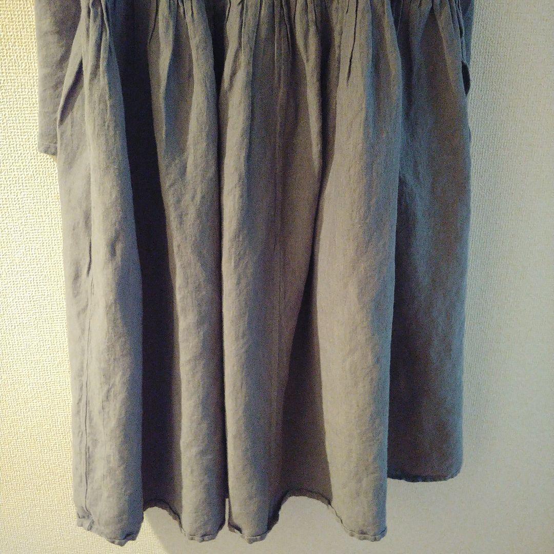 ババグーリ　ブルーグレー　刺繍ワンピース　リネンコットンＬサイズ