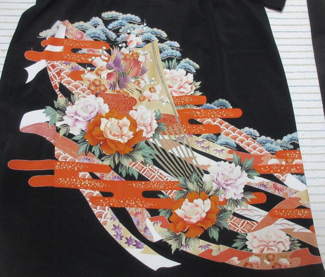 留袖ワンピース　 鳥花柄　金糸刺繍 ロングワンピース　シルク　ウエストリボン紐付