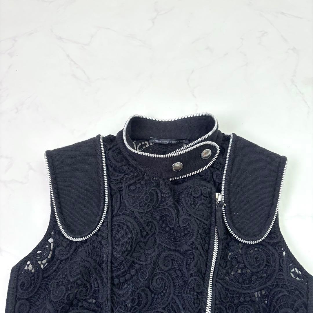 エルマンノシェルビーノ 総レース ジップアップ ベスト 38 黒 イタリア製