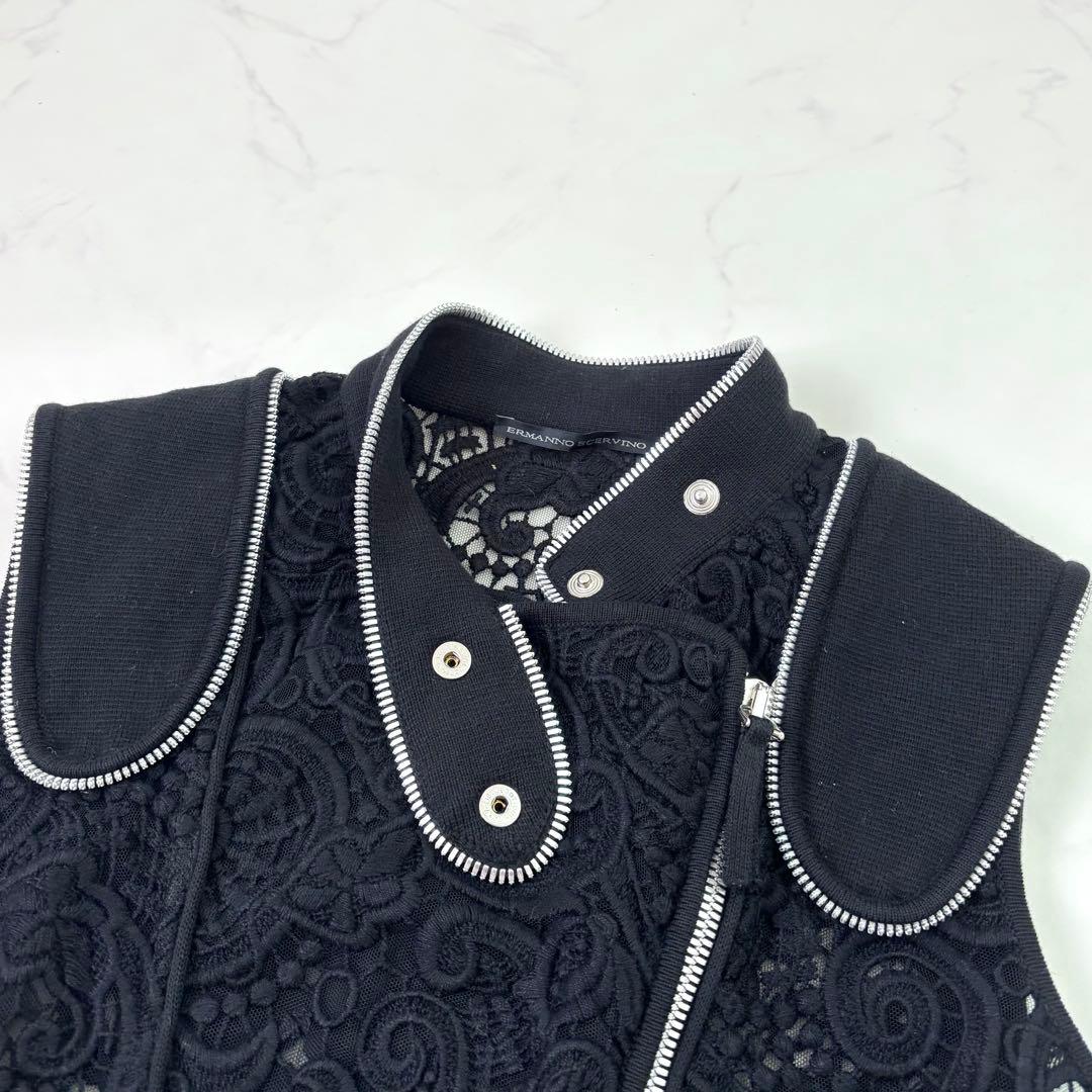 エルマンノシェルビーノ 総レース ジップアップ ベスト 38 黒 イタリア製