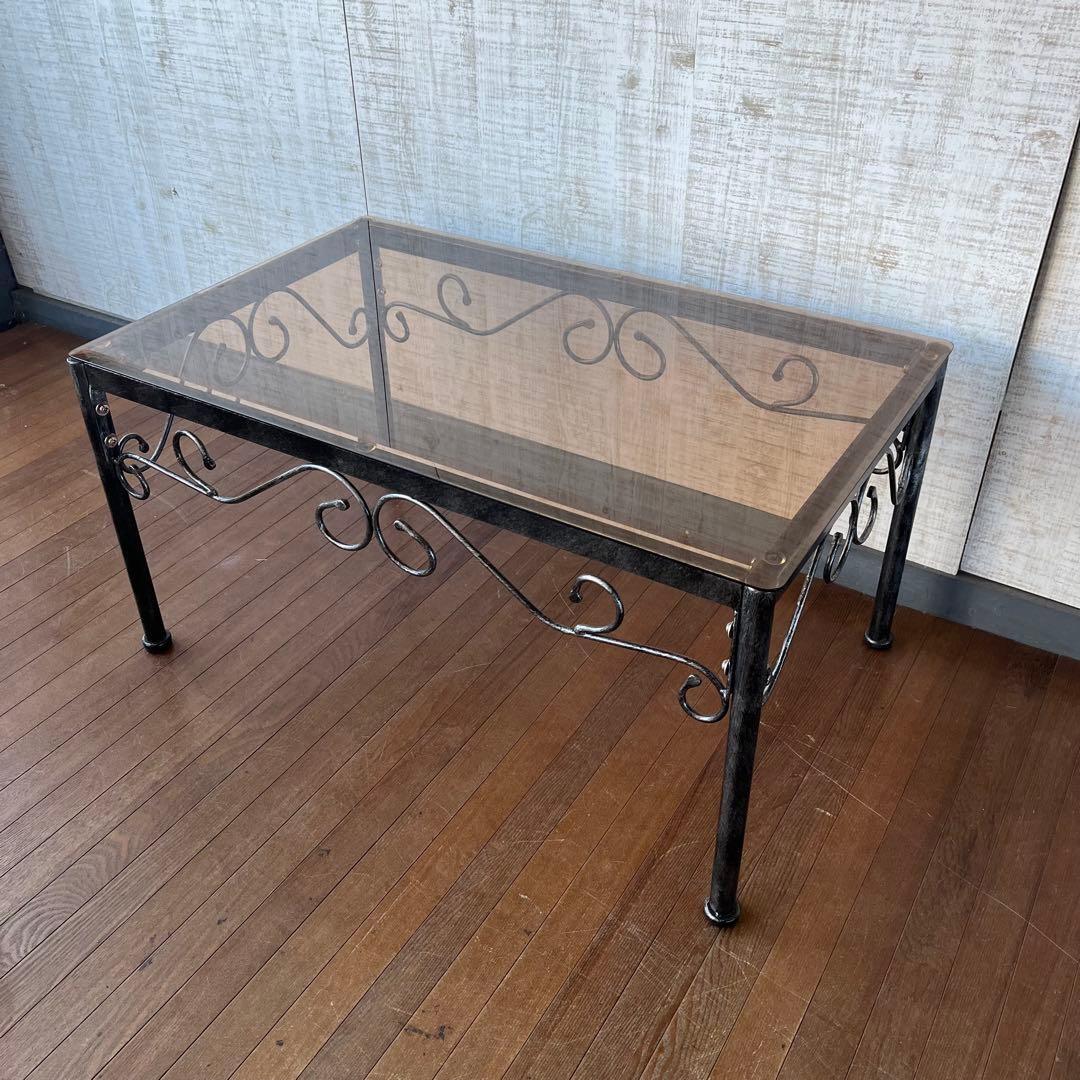 【アンティーク】アイアンフレーム ガラストップ センターテーブル 古民家 古家具
