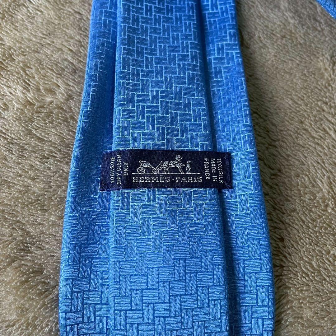【極美品】HERMÈSエルメスH織り ファソネ ライトブルー シルクネクタイ