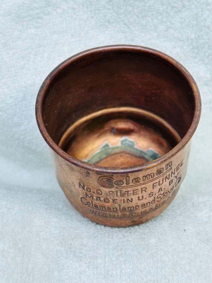 希少コールマンのフューエルファンネル、銅製1940年代ビンテージ品銅製メッシュ付