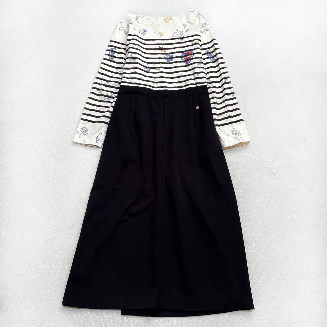 ミュベール 落書きプリントコンビワンピース 40 金ボタン ラップデザイン