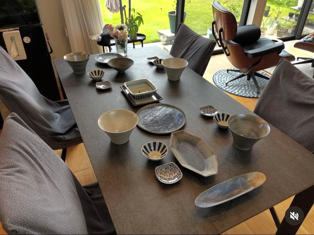 ダークグレー ストーン調 ダイニングテーブルセット