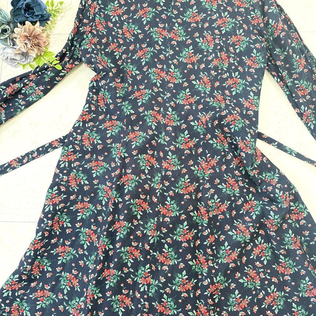 美品⭐︎Laura Ashley 花柄フレアワンピース　マキシ丈　ネイビー　9号