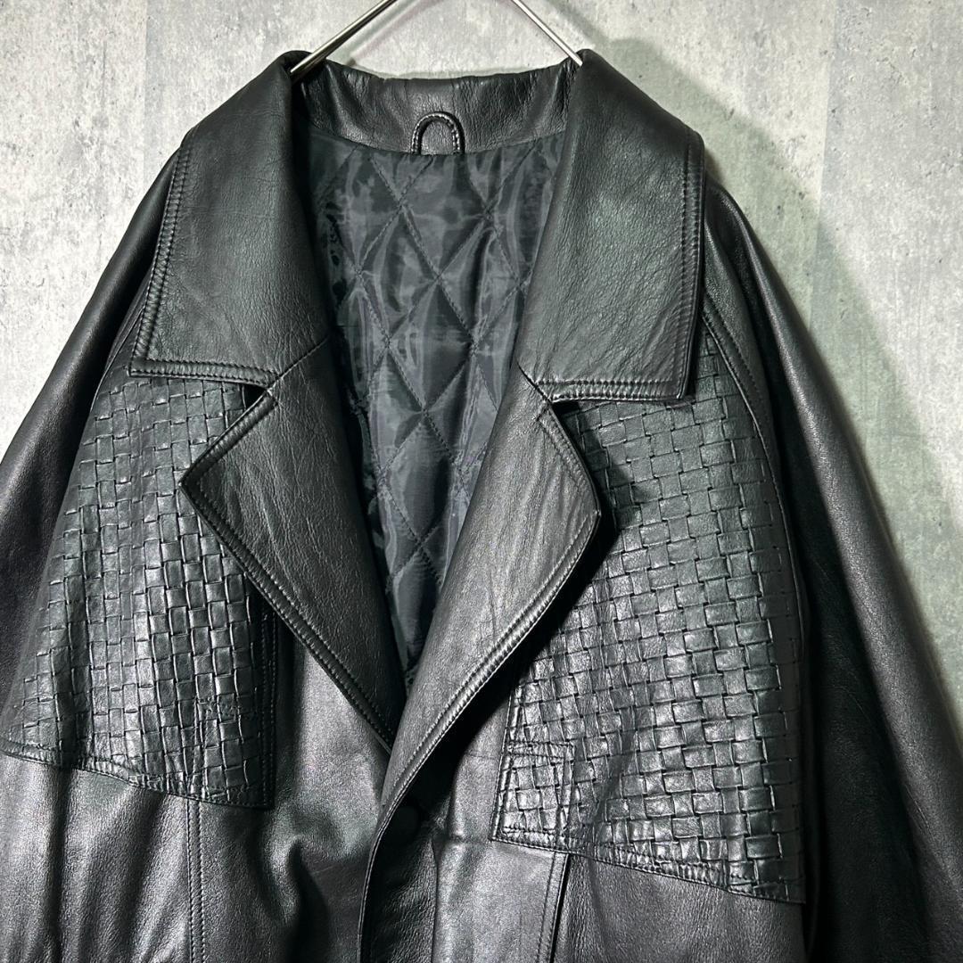 希少デザイン 高級 ラムレザー チェスターコート 黒 本革 ゆったり 羊革