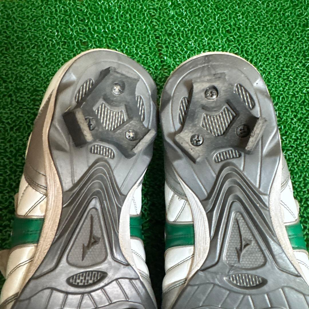 ミズノプロ オーダー 野球スパイク 27.5cm 白×緑 ベルクロ 6番刺繍