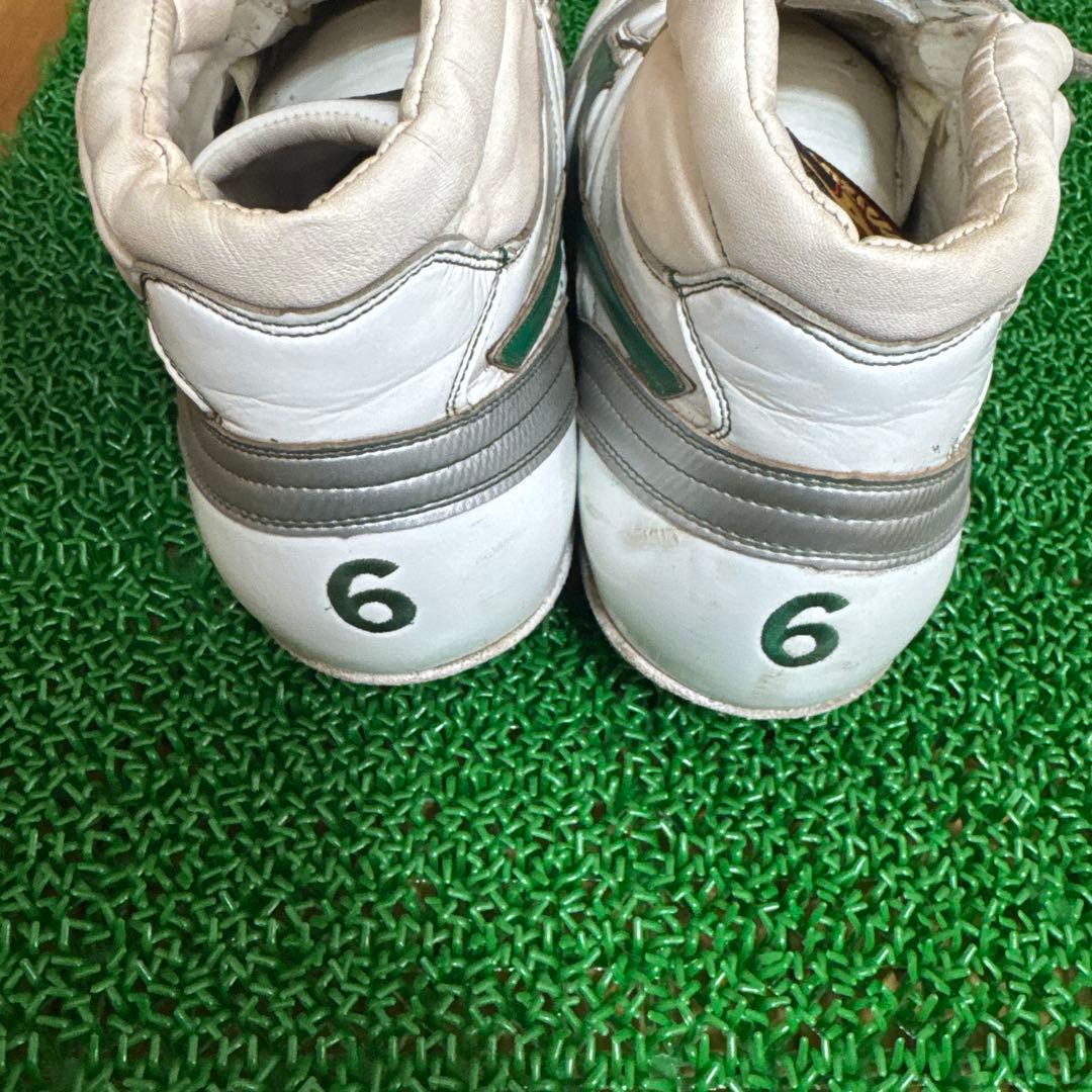 ミズノプロ オーダー 野球スパイク 27.5cm 白×緑 ベルクロ 6番刺繍