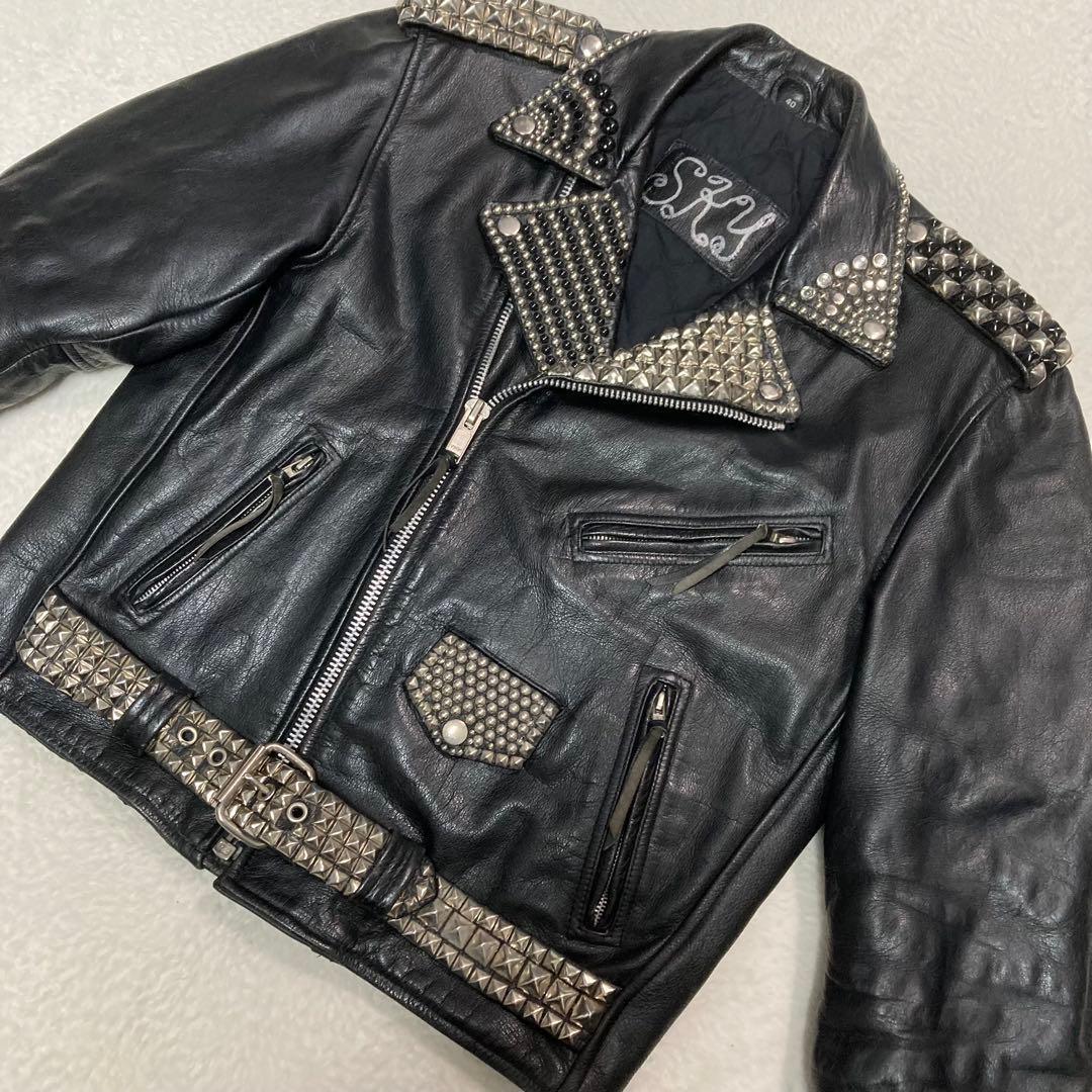 SKY　ダブルライダースジャケット　スタッズ　鉄鋲　レザー　L　本革　黒　本革