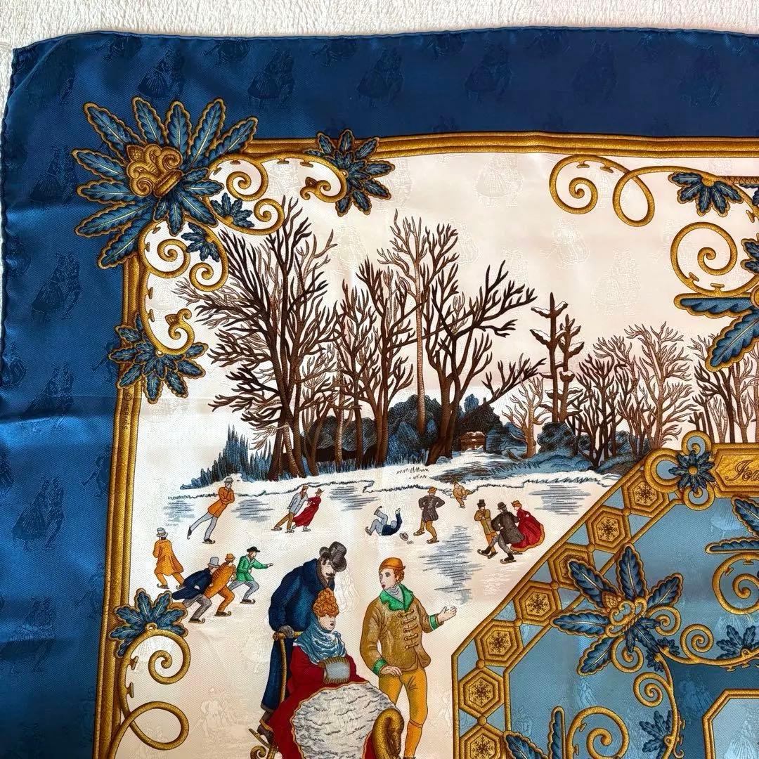 希少 美品 エルメス シルクスカーフ カレ90 冬の愉しみ ブルー HERMES