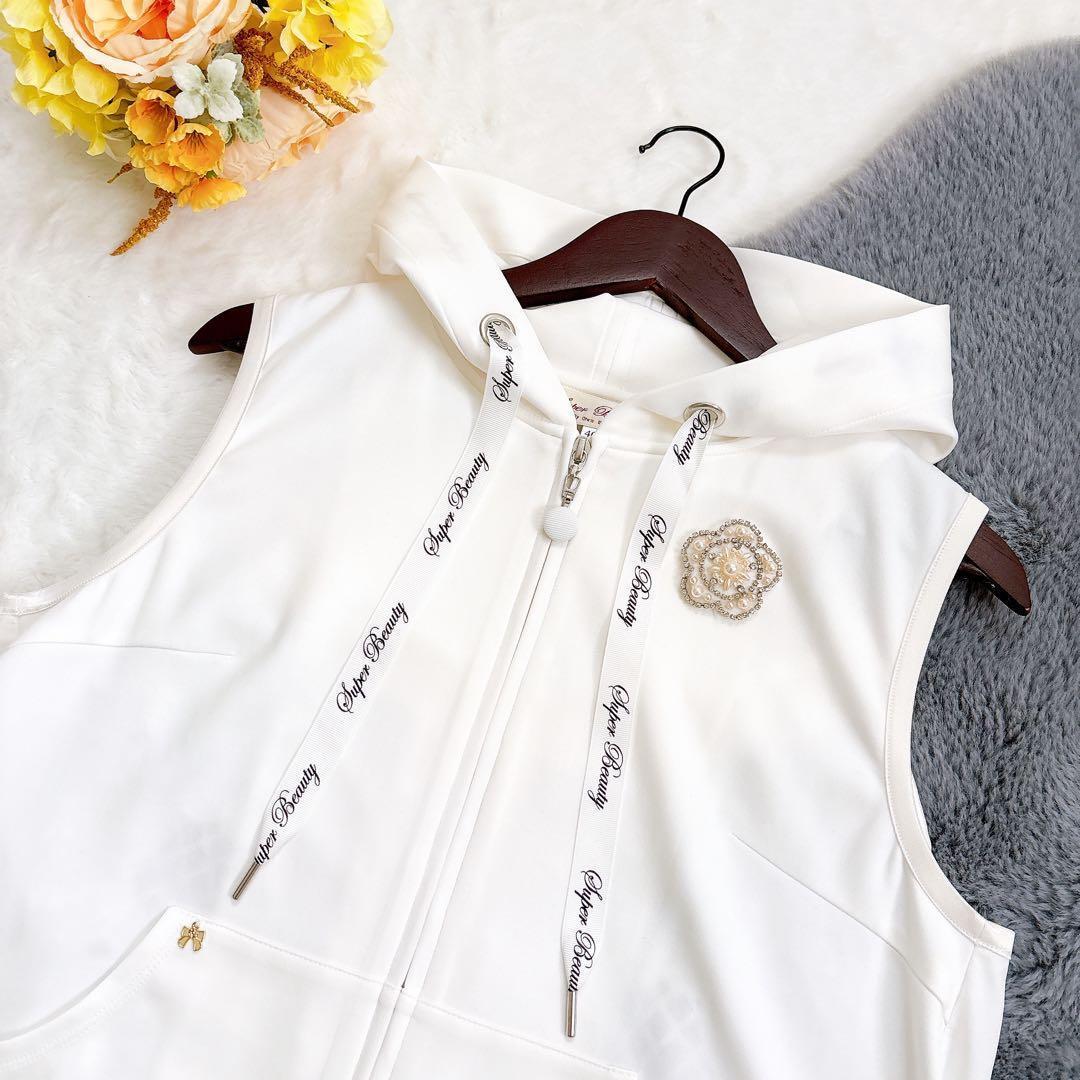 《美品》Super Beauty ビジューつき パーカー ベスト レース 白 M