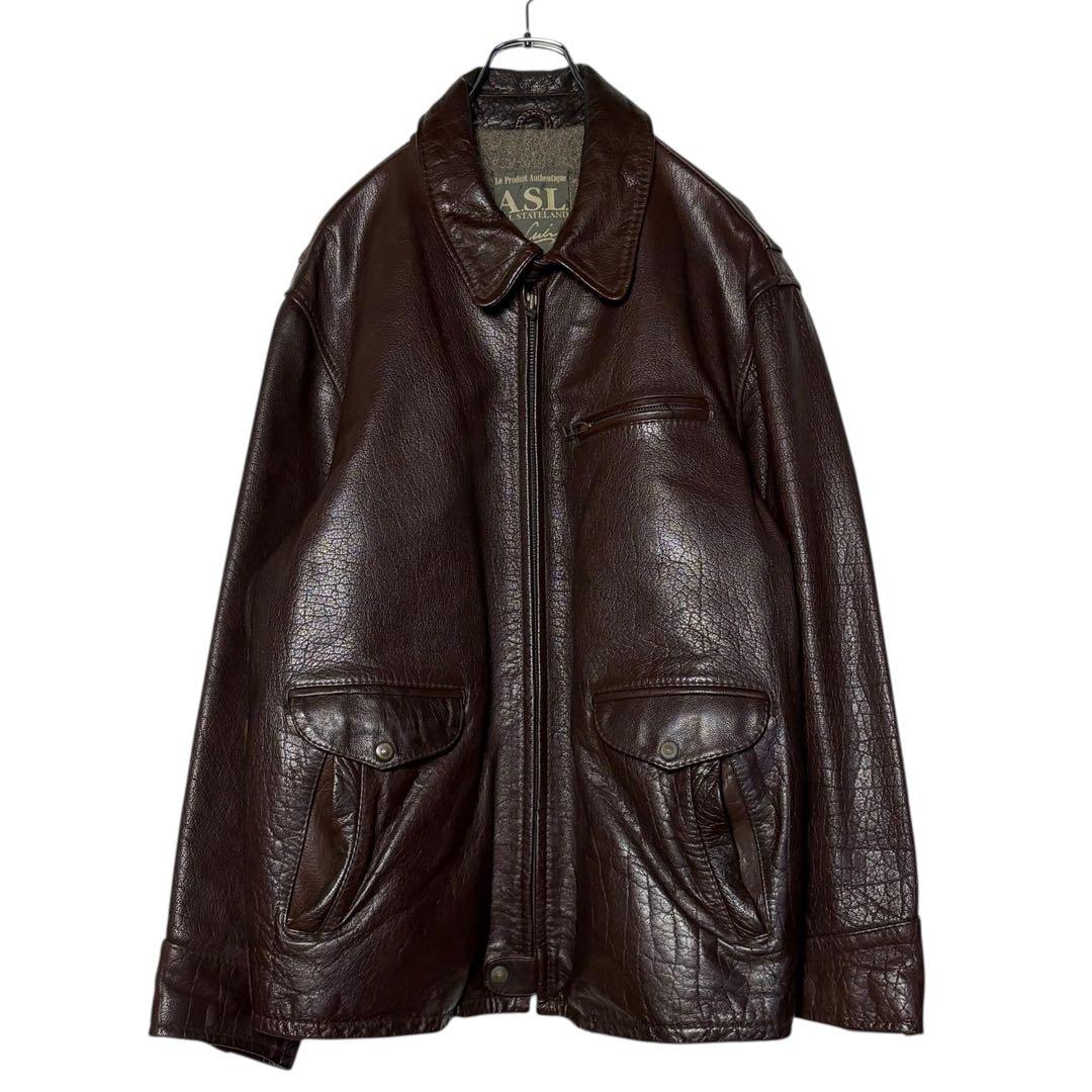 レトロ古着 ASL牛革レザージャケット 茶色 L 肉厚 革ジャン ライダース