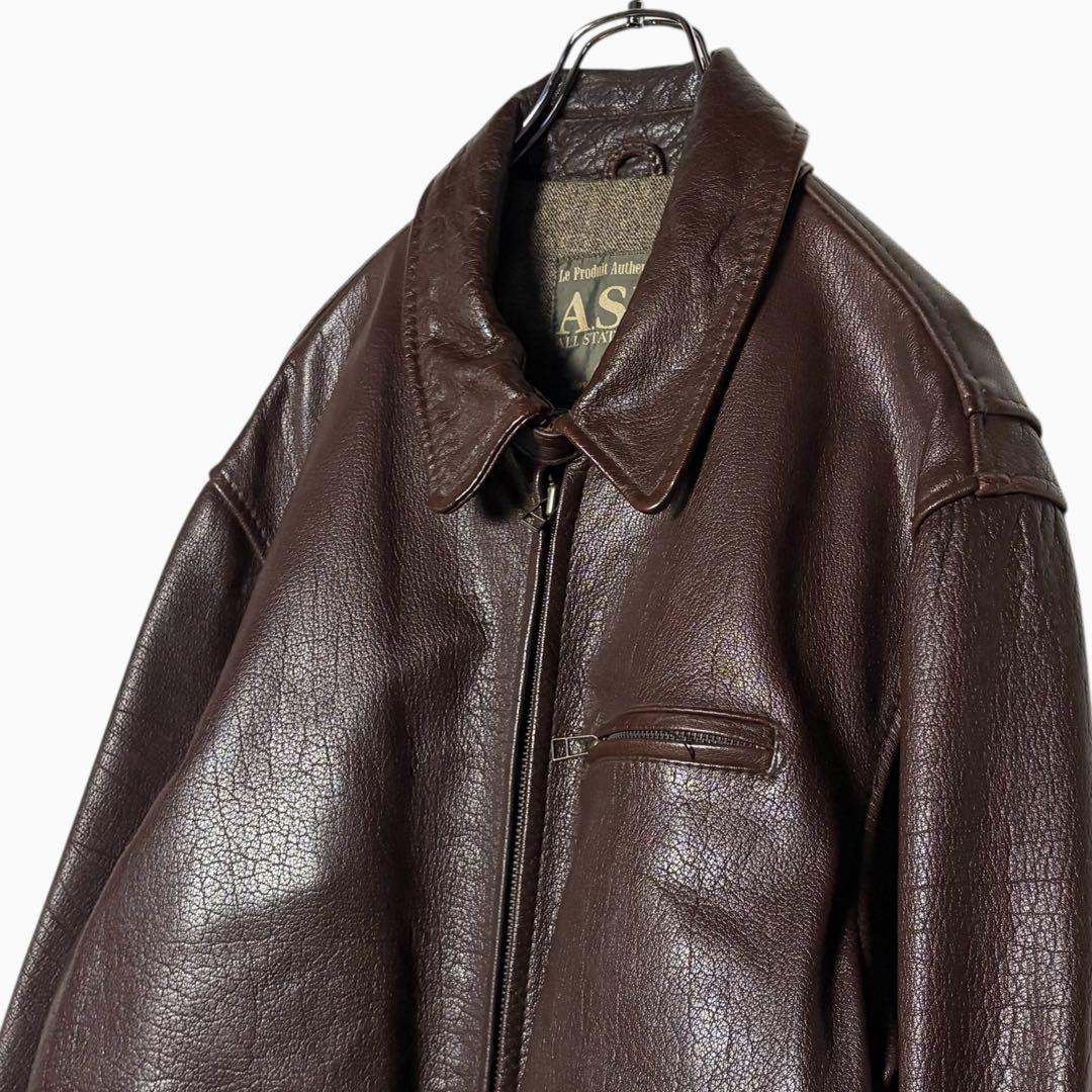 レトロ古着 ASL牛革レザージャケット 茶色 L 肉厚 革ジャン ライダース