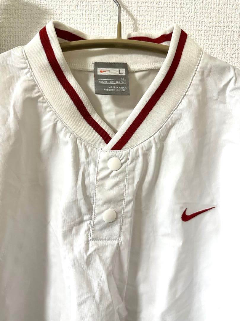 NIKE 刺繍ロゴ ナイロンエナメルベースボールシャツ Lサイズ白160cm新品
