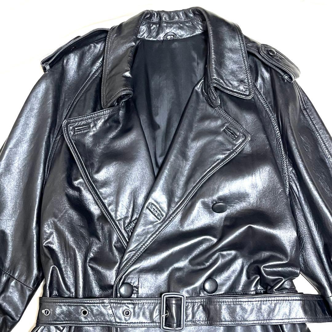 【美品】ロングラムレザートレンチコート 羊革　ベルト付き　大きいサイズ　黒　L
