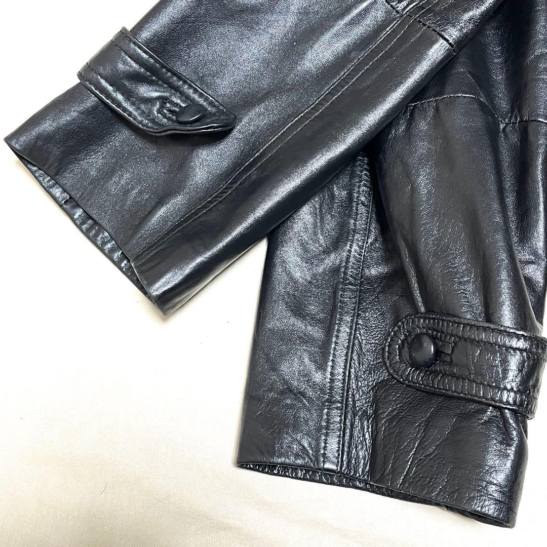 【美品】ロングラムレザートレンチコート 羊革　ベルト付き　大きいサイズ　黒　L