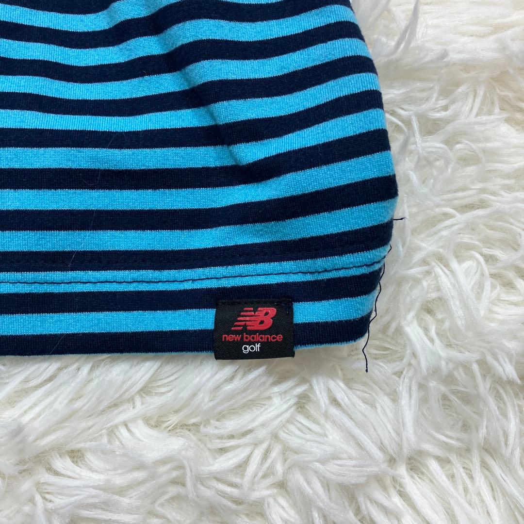 極美品ニューバランスゴルフ長袖カットソー ボーダー モックネック ブルー XL