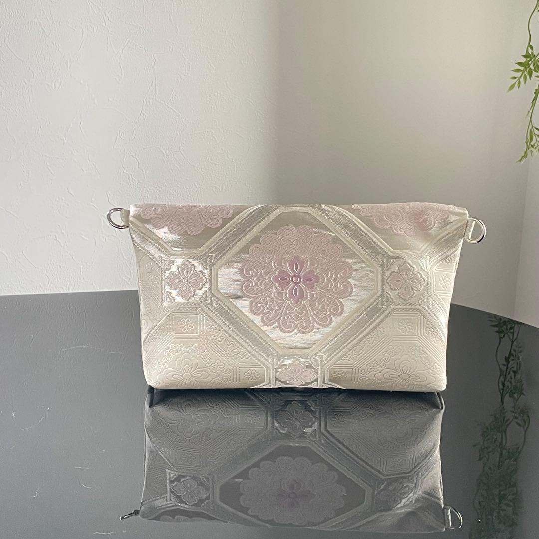 帯帯リメイク3wayバッグ　和装バッグ　シルバーと紫の蜀江文　チェーン付