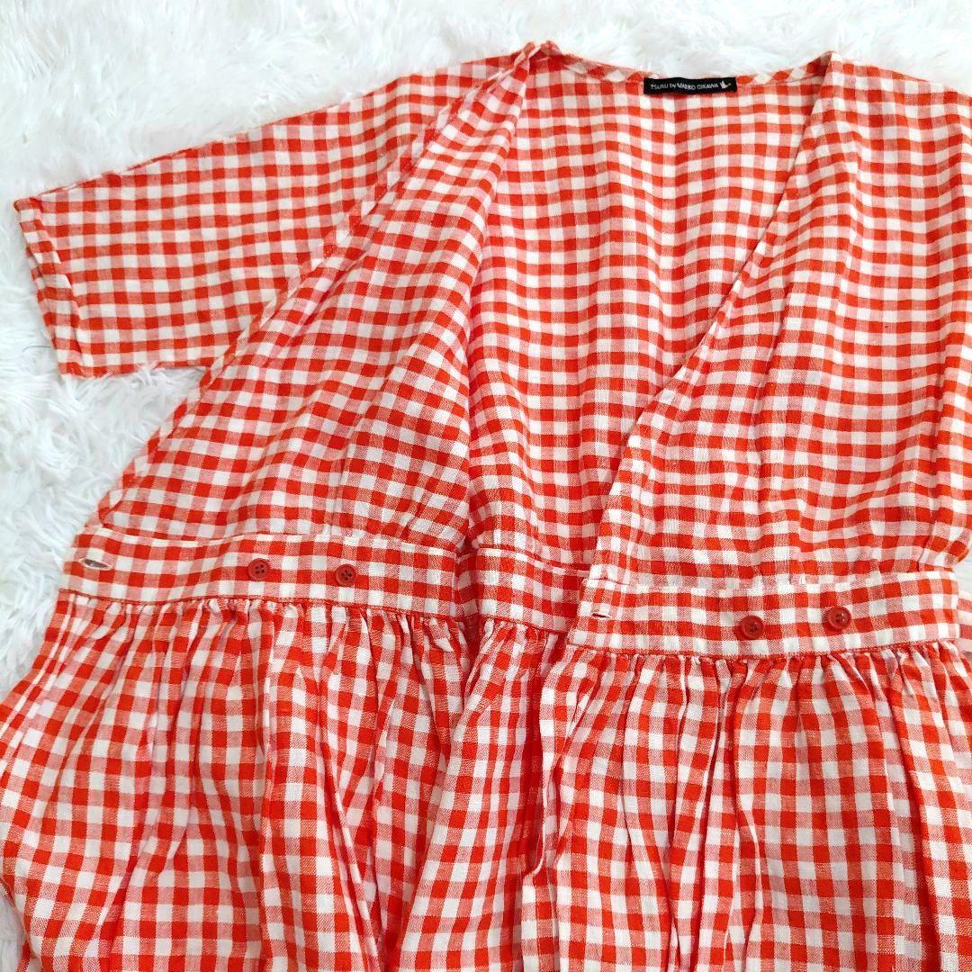 ツルバイマリコオイカワ　ギンガムチェックワンピース　リネン　カシュクール