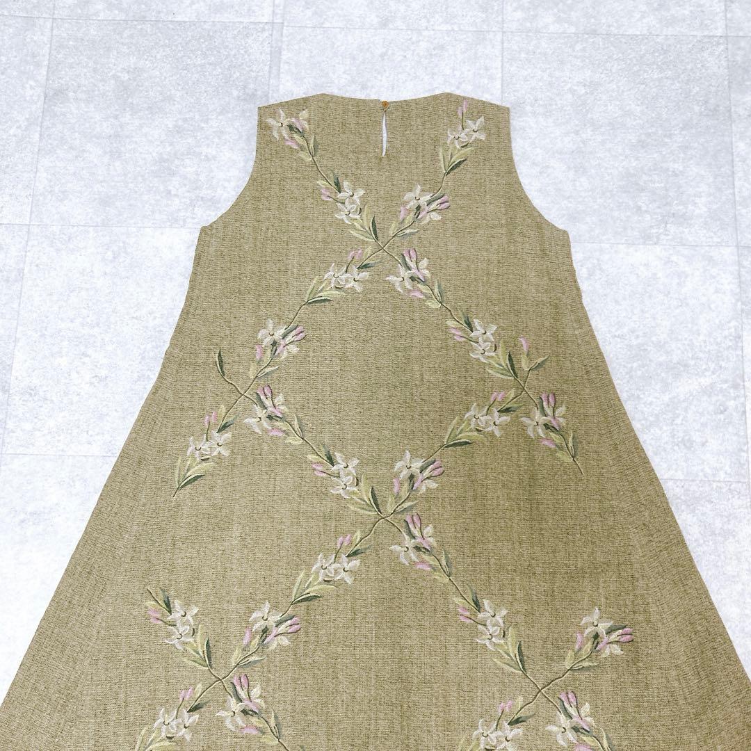 未使用級✨ 45R ギマツイード 刺繍 ワンピース ノースリーブ 花柄 R刺繍