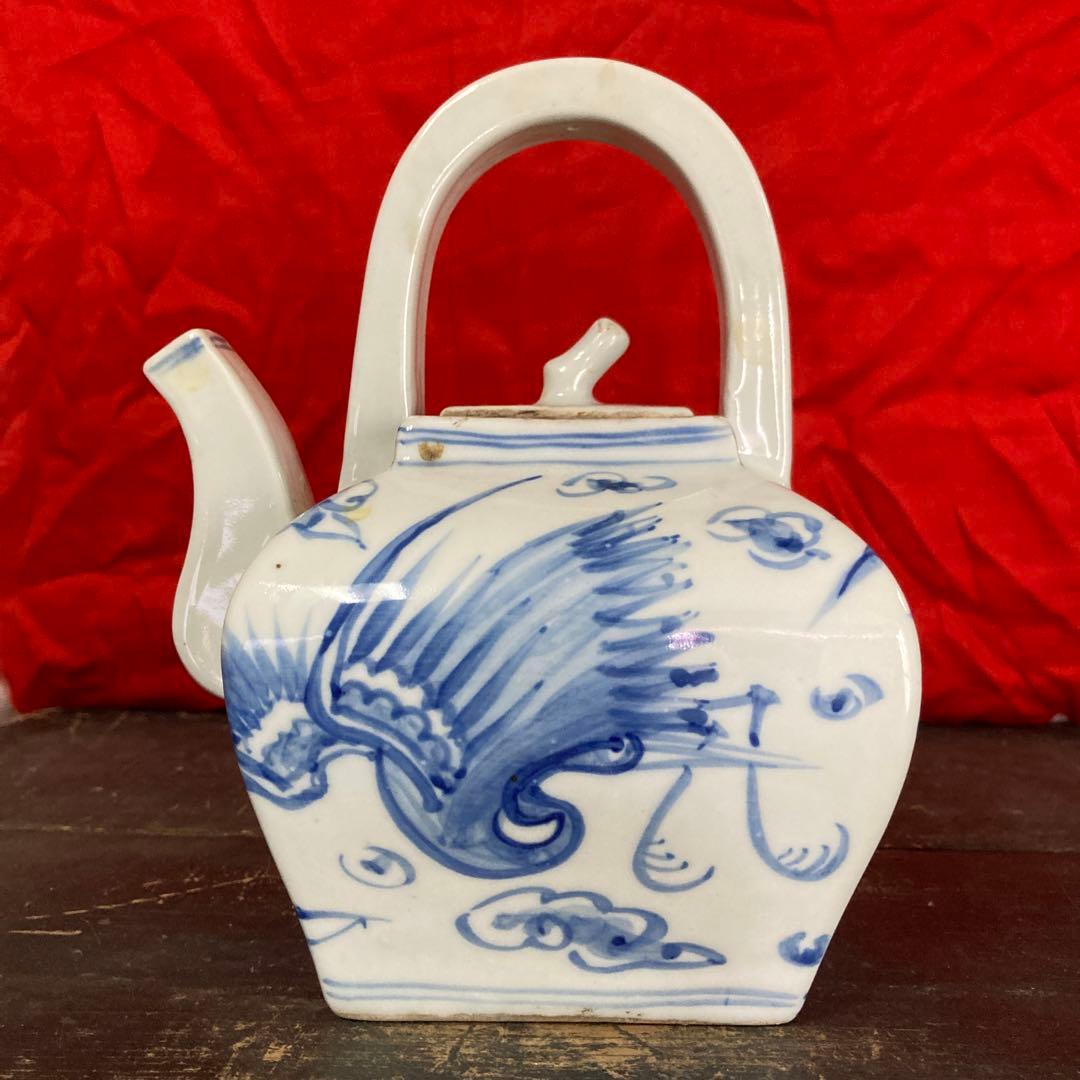 李朝　染付　四方面取水注　急須　雲鶴図