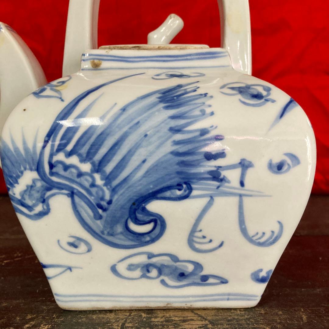 李朝　染付　四方面取水注　急須　雲鶴図