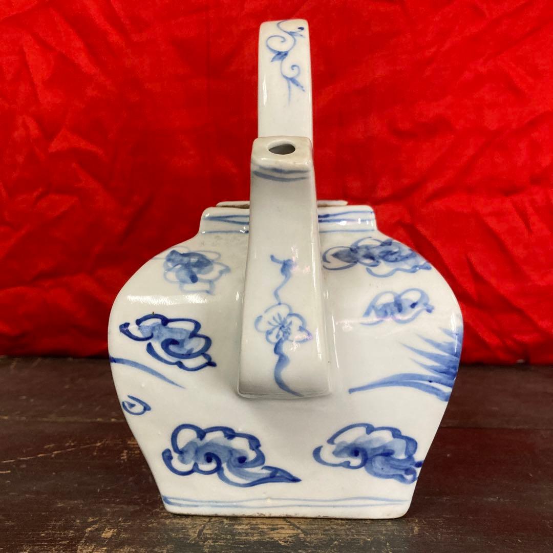 李朝　染付　四方面取水注　急須　雲鶴図