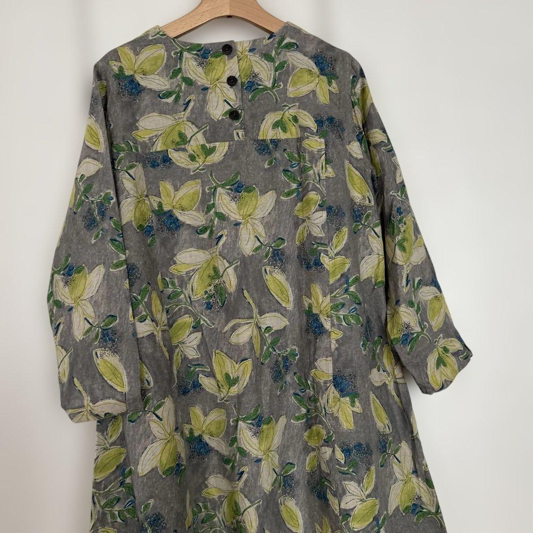 イフクラージュ　coulage 長袖リネンワンピース　ゆったりサイズ　花柄グレー