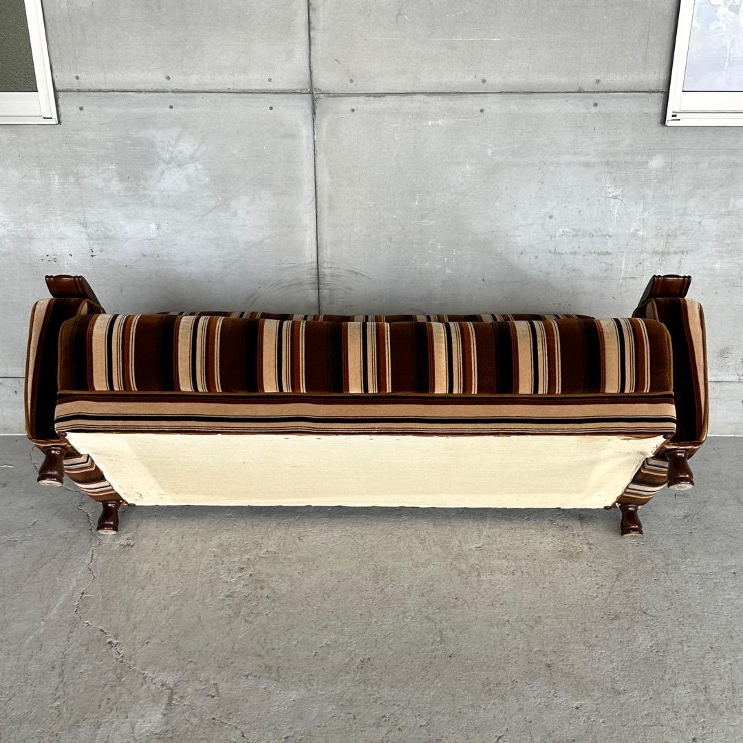 ★昭和レトロ★ 2人掛けソファ ストライプベロア 木肘 応接チェア 純喫茶風