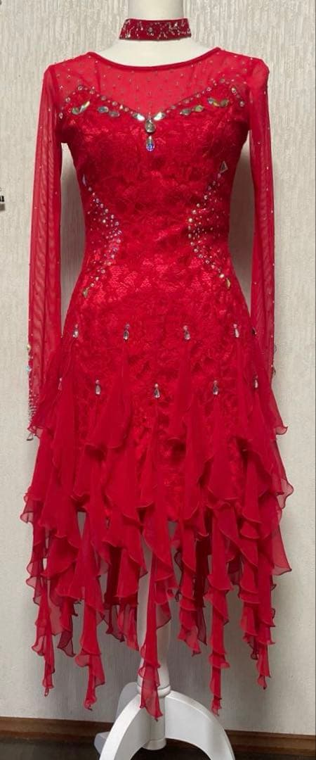 日本製　ラテンドレス　レッド　裾フリル　9号