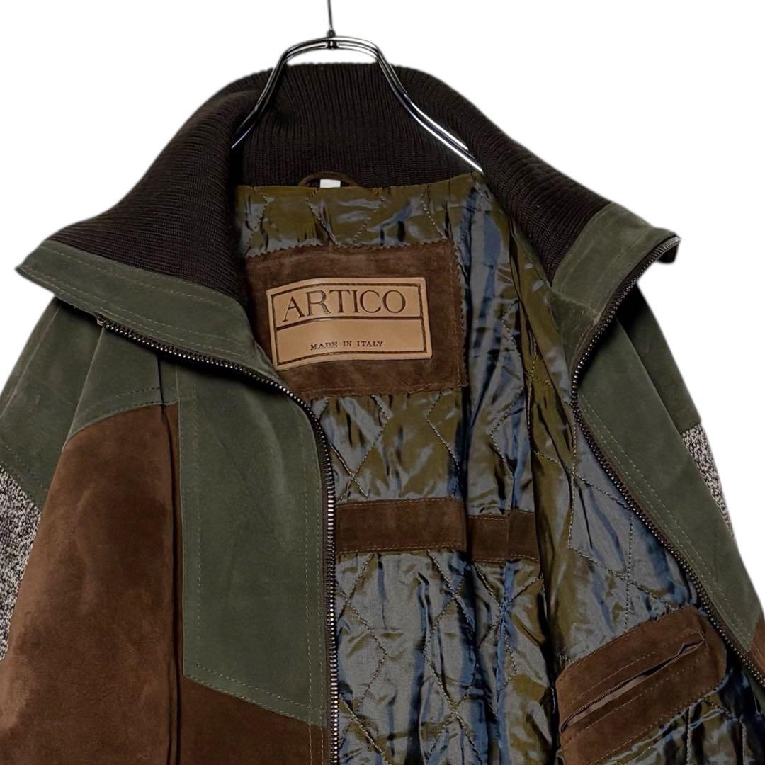 イタリア製 スエードレザージャケット 茶色×緑 XL 切り替えウールブルゾン