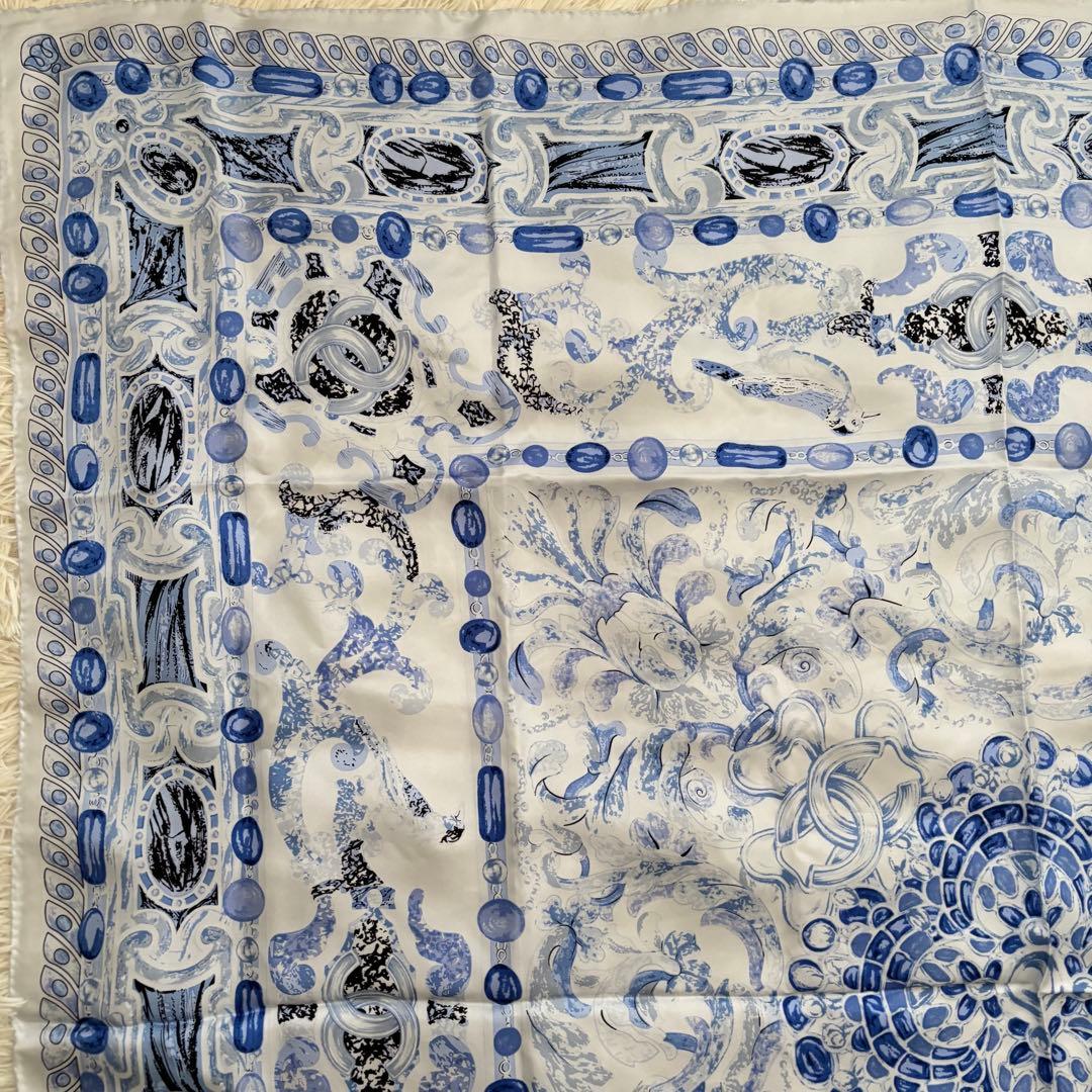 CHANEL シャネル ココマーク 大判 シルク スカーフ ストール　ブルー系