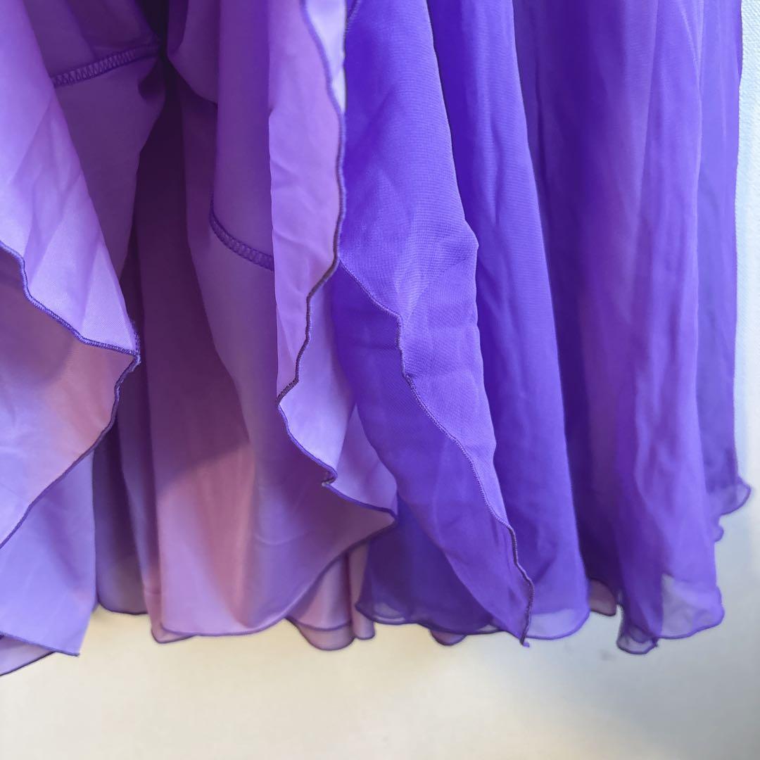 6020社交ダンス衣装【9】ワンピース　ロング丈紫　ストレッチ　シアー　首飾り付