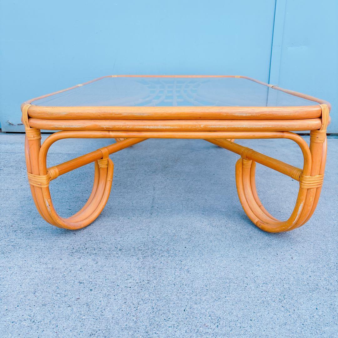 【チワワ様】流線デザイン ラタンガラスローテーブル 藤家具 古民具 昭和レトロ