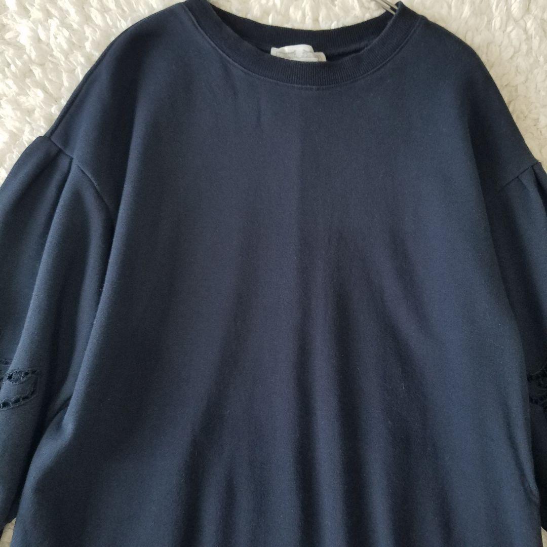 美品✨ビアズリー 袖パフスリーブ ワンピース 袖レース 透かし ネイビー